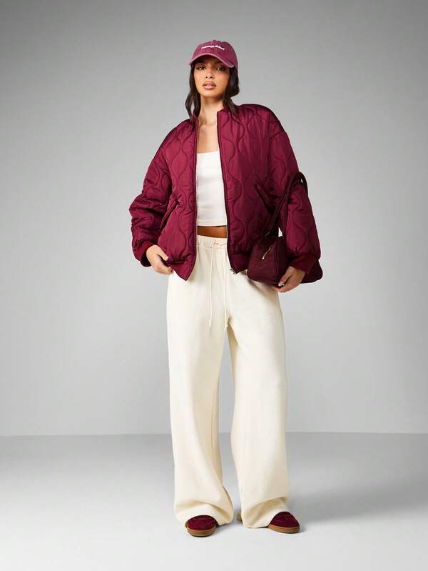 MISSGUIDED Quilted Bomber Jacket With Ribbed Trim And Zipper Closure