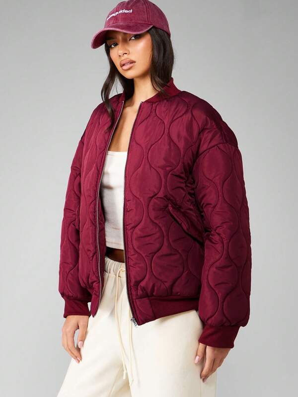 MISSGUIDED Quilted Bomber Jacket With Ribbed Trim And Zipper Closure