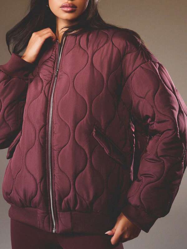 MISSGUIDED Quilted Bomber Jacket With Ribbed Trim And Zipper Closure