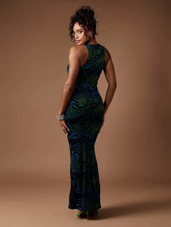 MISSGUIDED Racerback Animal Print Elegant Stretch Mesh Maxi Dress