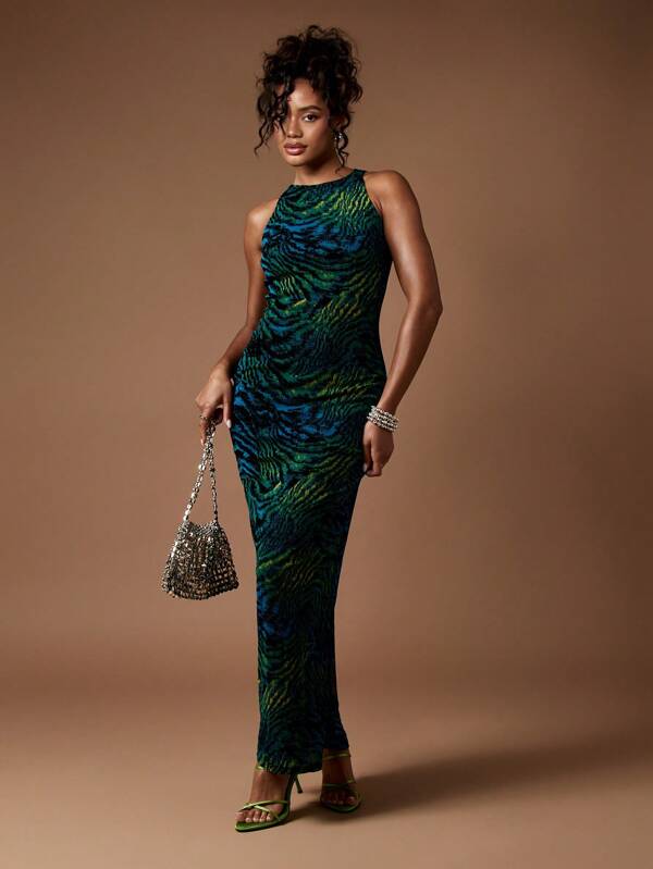 MISSGUIDED Racerback Animal Print Elegant Stretch Mesh Maxi Dress