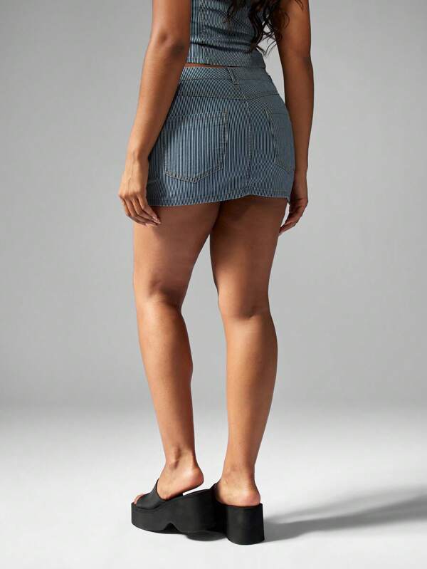 MISSGUIDED Railroad Stripe Denim Mini Skirt High Waisted Fitted Button Front