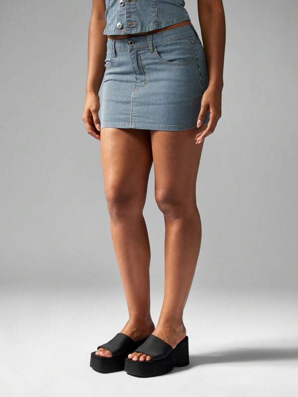 MISSGUIDED Railroad Stripe Denim Mini Skirt High Waisted Fitted Button Front