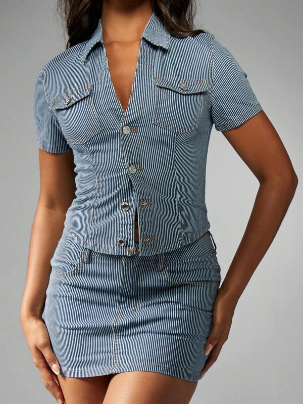 MISSGUIDED Railroad Stripe Short Sleeve Crop Button Up Denim Shirt