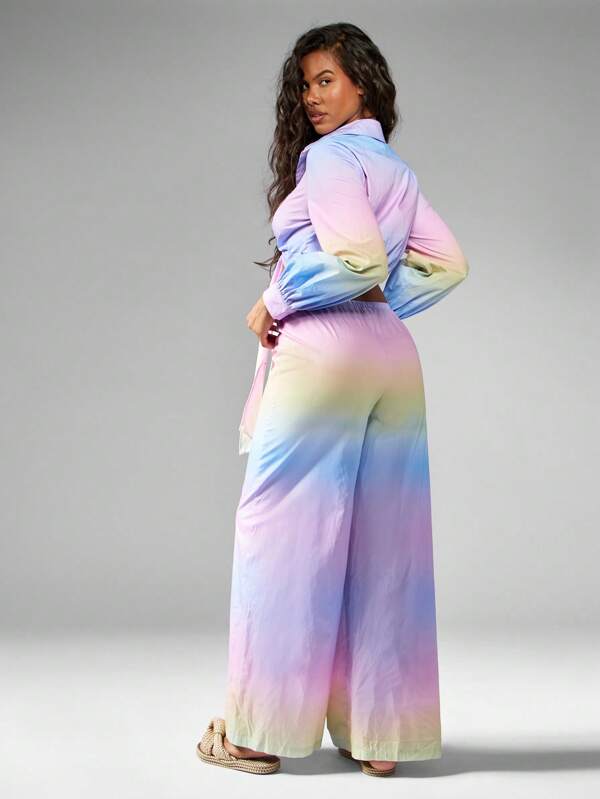 MISSGUIDED Rainbow Pastel Ombre Tie Front Shirt Wide Leg Pants Set