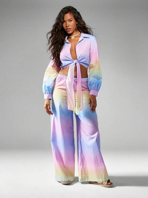 MISSGUIDED Rainbow Pastel Ombre Tie Front Shirt Wide Leg Pants Set