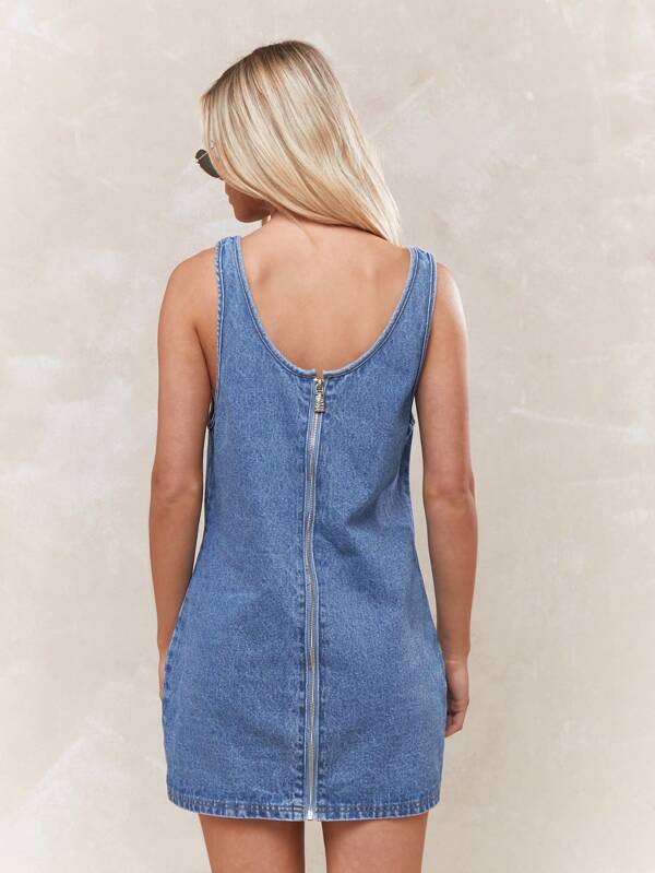 MISSGUIDED Rave Embroidered Logo Back Zip Through Tank Mini Denim Dress