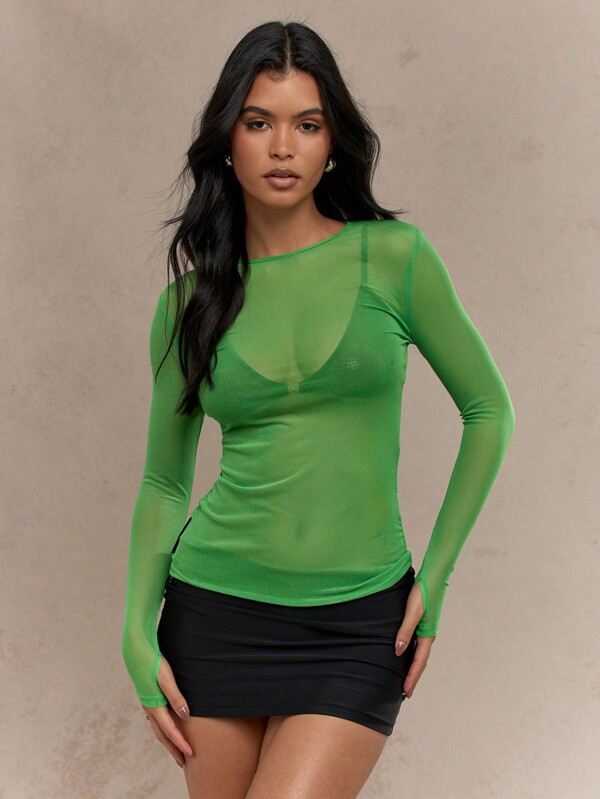 MISSGUIDED Rave Fashion Fitted Sheer Mesh See-Through Long Sleeve Top