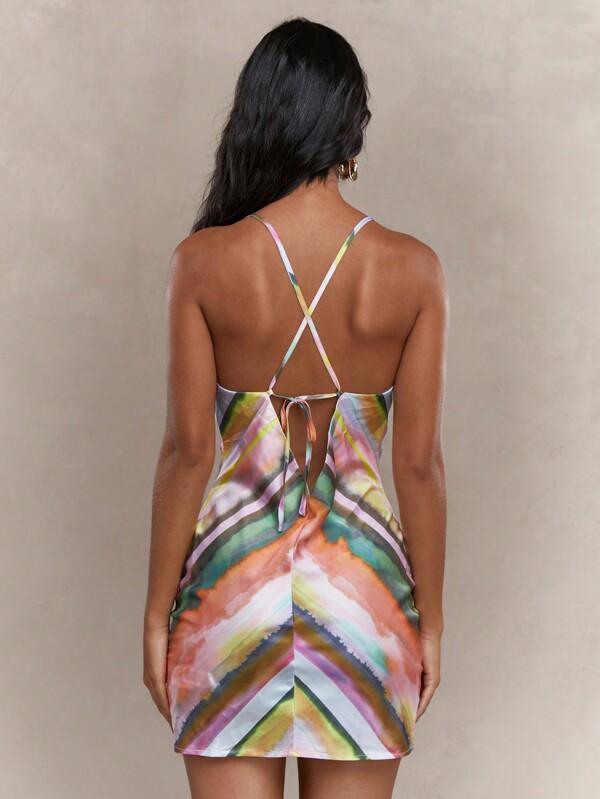 MISSGUIDED Rave Printed Satin Cowl Neck Cami Bodyson Mini Dress Cute Sundress