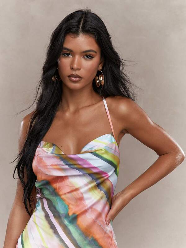 MISSGUIDED Rave Printed Satin Cowl Neck Cami Bodyson Mini Dress Cute Sundress