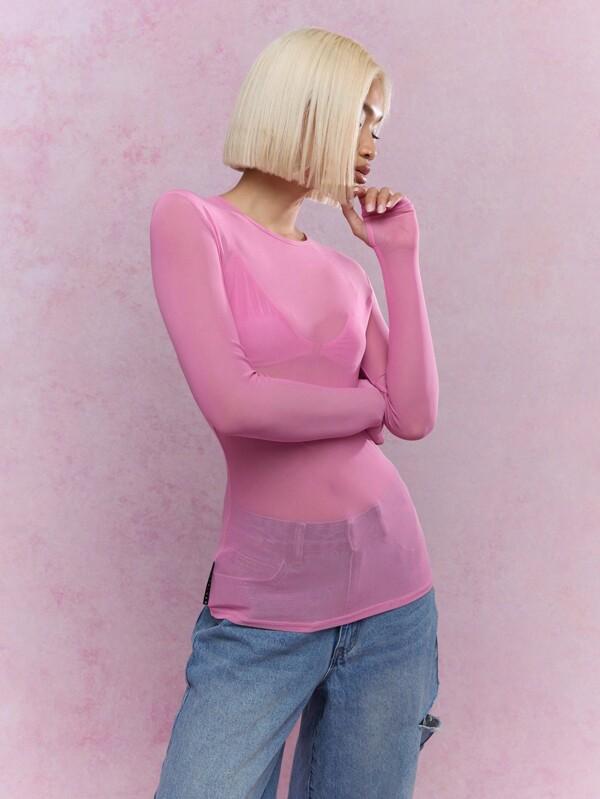 MISSGUIDED Rave Sheer Mesh Thumb Hole Long Sleeve Boat Neck Top