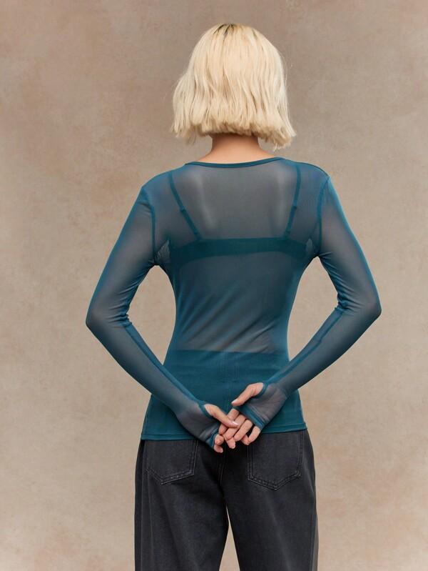MISSGUIDED Rave Stylish Teal Mesh Long Sleeve Layering Top With Glitter Detail