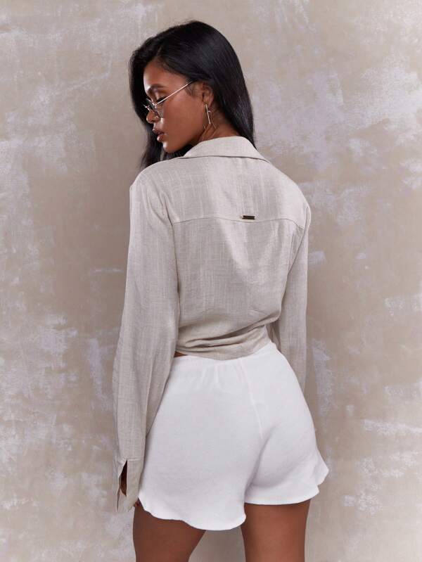 MISSGUIDED Rave Tying Knot Detail Linen Long Sleeve Crop Shirt Blouse