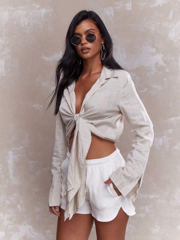 MISSGUIDED Rave Tying Knot Detail Linen Long Sleeve Crop Shirt Blouse