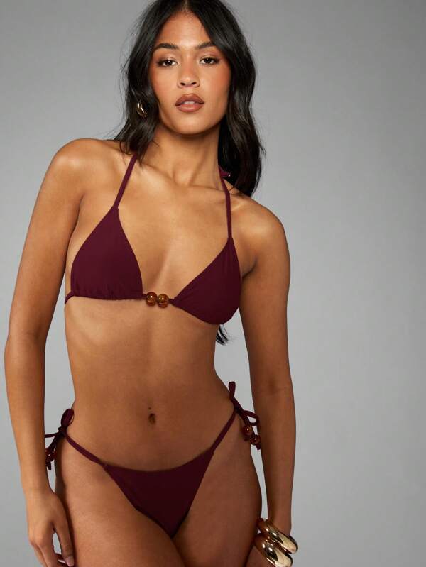 MISSGUIDED Resin Bead Trim Triangle Bikini Set Two Piece Adjustable Halter String