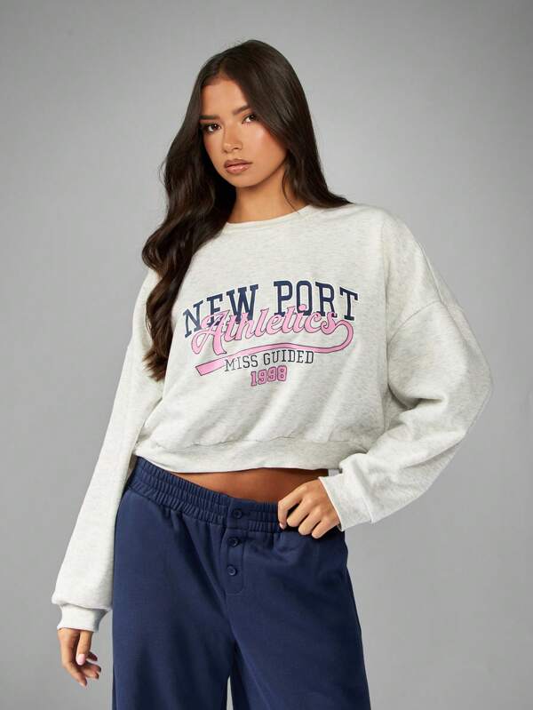 MISSGUIDED Retro College Crop Sweatshirt With Varsity Text Print
