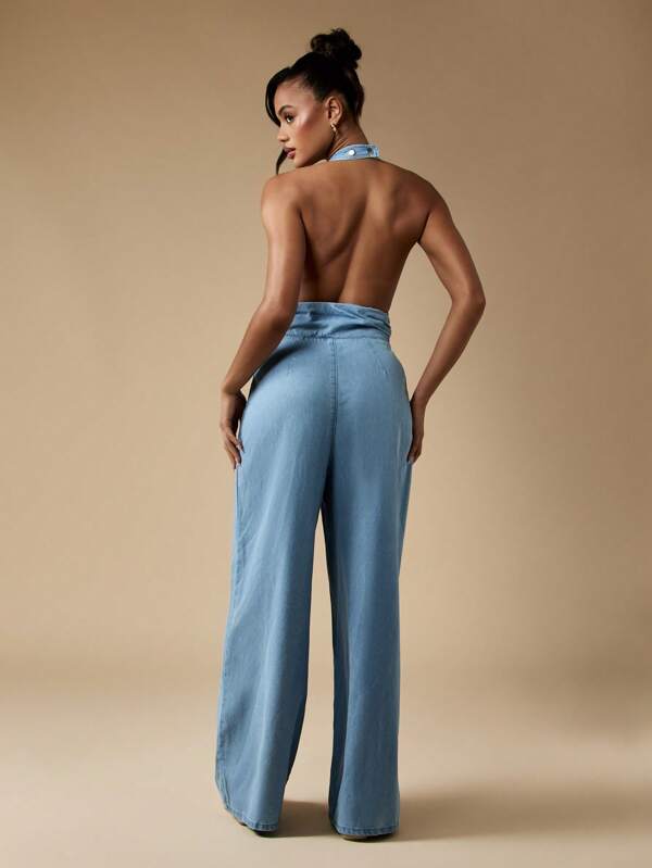 MISSGUIDED Retro Halter Neck Wide Leg Backless Floor Length Denim Jumpsuit