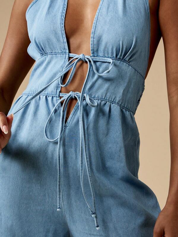 MISSGUIDED Retro Halter Neck Wide Leg Backless Floor Length Denim Jumpsuit
