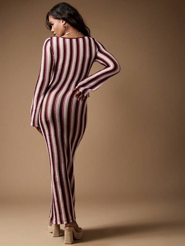 MISSGUIDED Retro Stripe Knit Bodycon Midaxi Cut Out Front Women Long Dresses