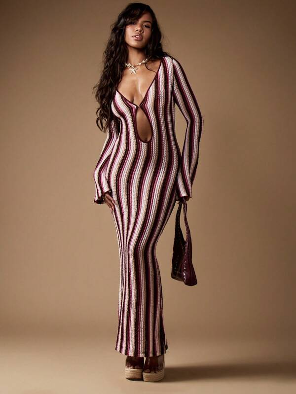 MISSGUIDED Retro Stripe Knit Bodycon Midaxi Cut Out Front Women Long Dresses