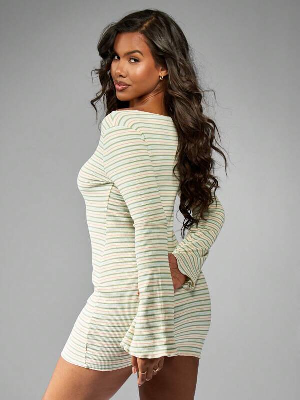 MISSGUIDED Retro Style Ribbed Mini Dress Bell Sleeve Stripe Pattern Boat Neck
