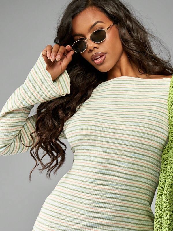 MISSGUIDED Retro Style Ribbed Mini Dress Bell Sleeve Stripe Pattern Boat Neck