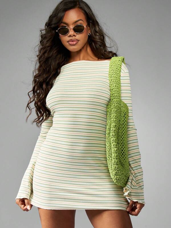 MISSGUIDED Retro Style Ribbed Mini Dress Bell Sleeve Stripe Pattern Boat Neck