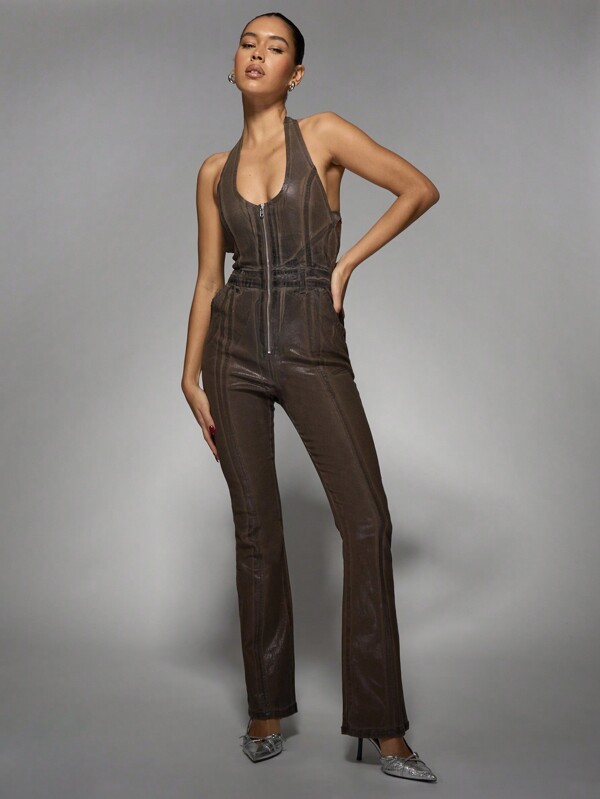 MISSGUIDED Retro Y2K Coated Denim Halter Neck Jumpsuit