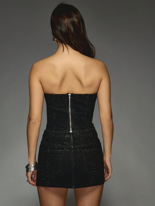 MISSGUIDED Rhinestone Embellished Denim Mini Skirt With Crystal Details