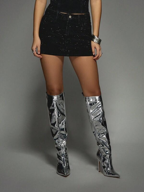 MISSGUIDED Rhinestone Embellished Denim Mini Skirt With Crystal Details