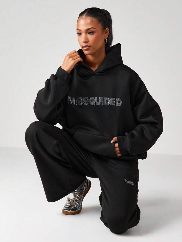 MISSGUIDED Rhinestone Embellished Hoodie With Drawstring