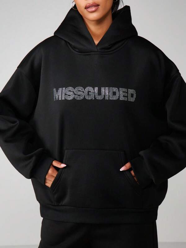 MISSGUIDED Rhinestone Embellished Hoodie With Drawstring