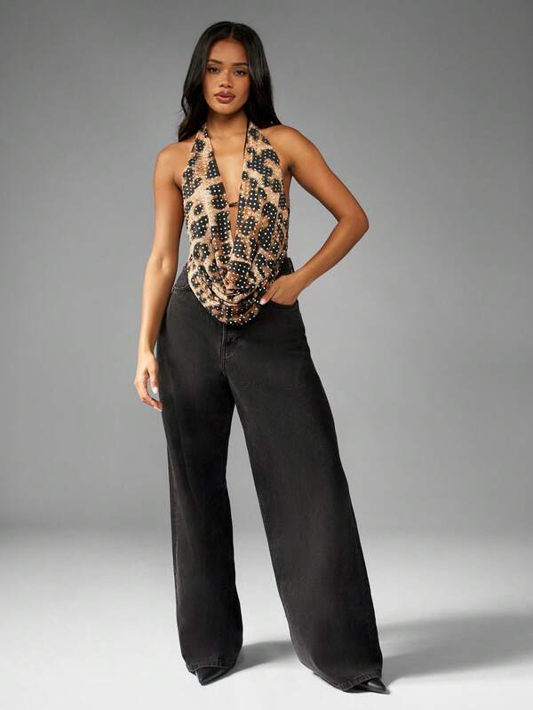 MISSGUIDED Rhinestone Embellished Leopard Print Cowl Neck Halter Top