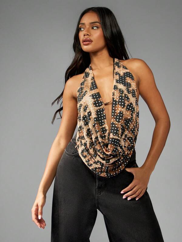 MISSGUIDED Rhinestone Embellished Leopard Print Cowl Neck Halter Top