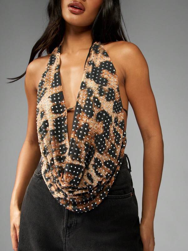 MISSGUIDED Rhinestone Embellished Leopard Print Cowl Neck Halter Top