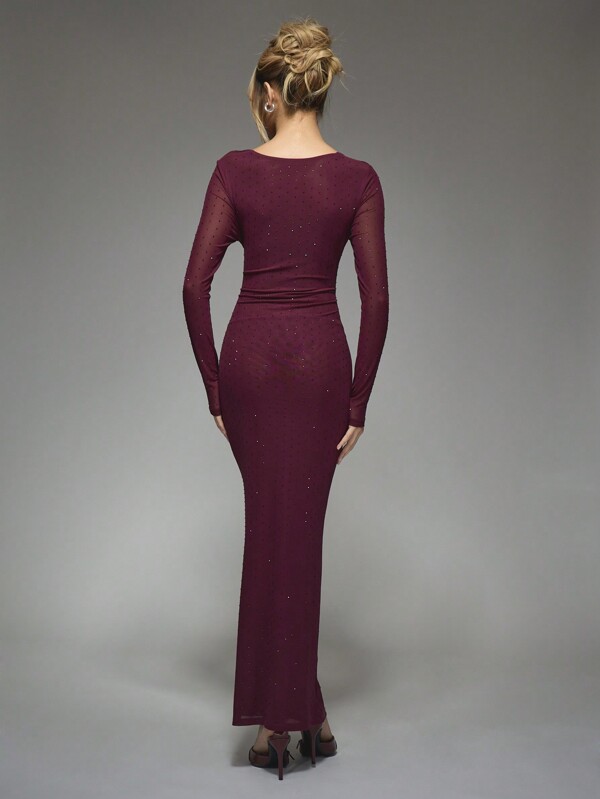 MISSGUIDED Rhinestone Embellished Mesh Cut-Out Waist Long Sleeve Maxi Dress