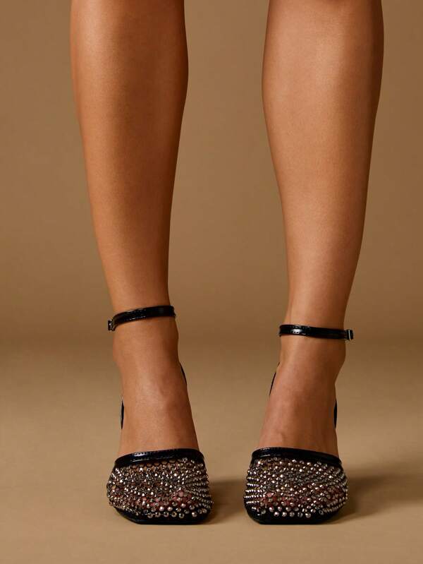 MISSGUIDED Rhinestone Embellished Patent Pointed Toe Ankle Strap Pumps