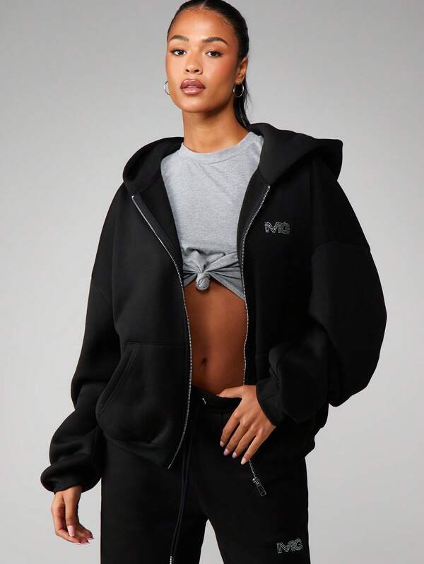 MISSGUIDED Rhinestone Hotfix Logo Full Zip Hoodie