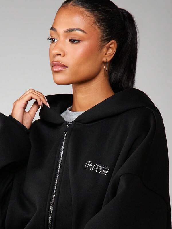 MISSGUIDED Rhinestone Hotfix Logo Full Zip Hoodie