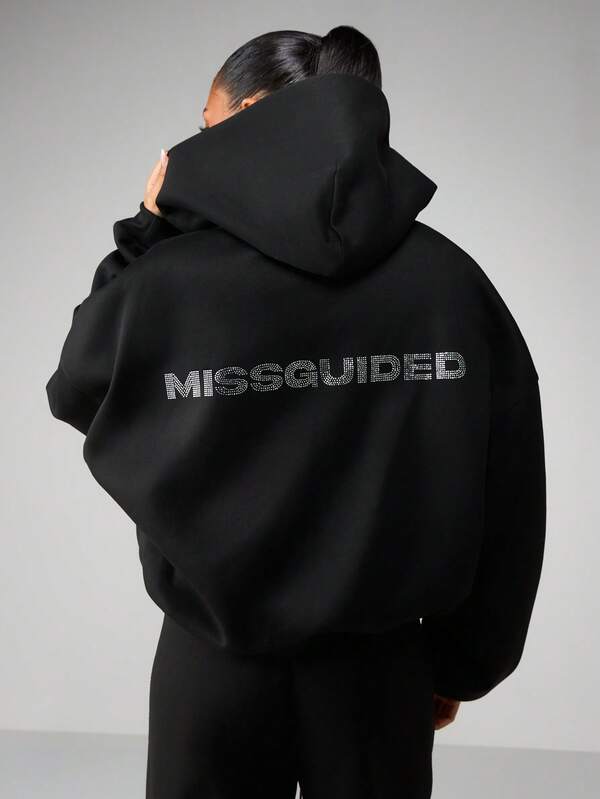 MISSGUIDED Rhinestone Hotfix Logo Full Zip Hoodie