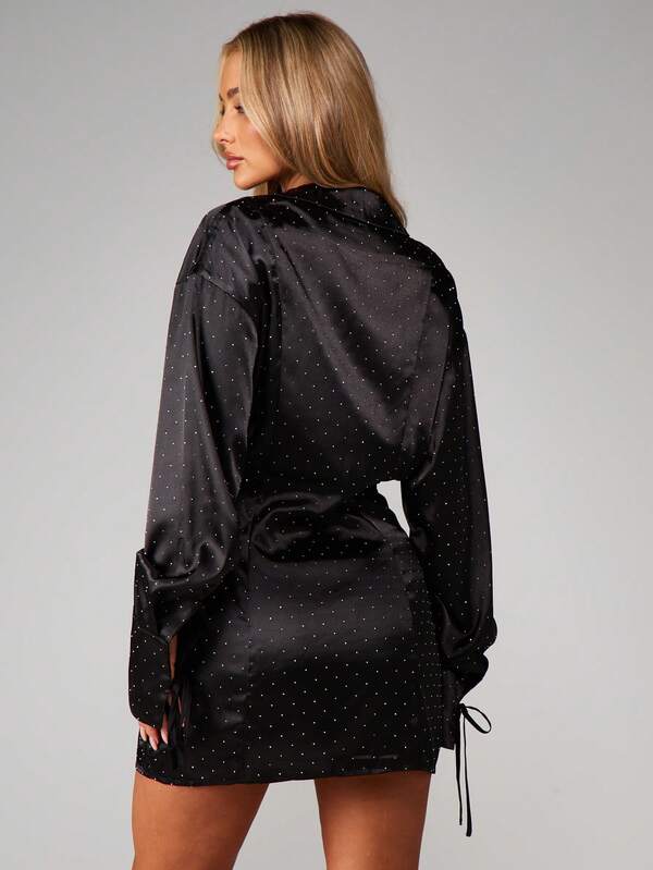 MISSGUIDED Rhinestone Studded Satin Mini Shirt Dress With Long Sleeves