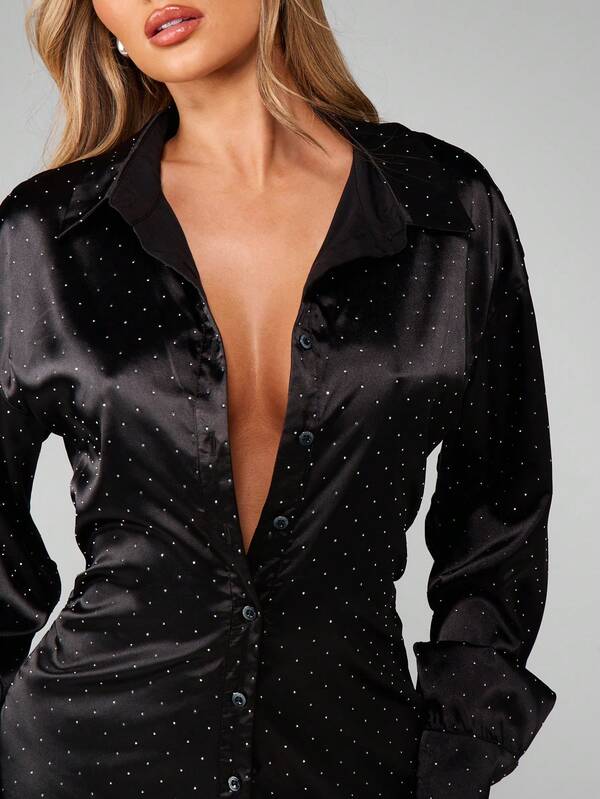 MISSGUIDED Rhinestone Studded Satin Mini Shirt Dress With Long Sleeves