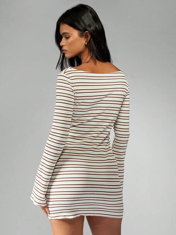 MISSGUIDED Ribbed Bell Sleeve Striped Bodycon Mini Dress