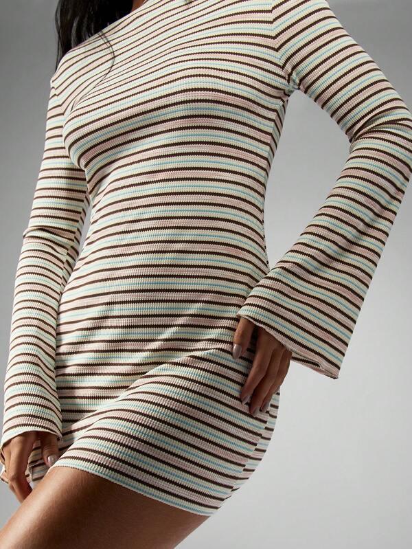 MISSGUIDED Ribbed Bell Sleeve Striped Bodycon Mini Dress