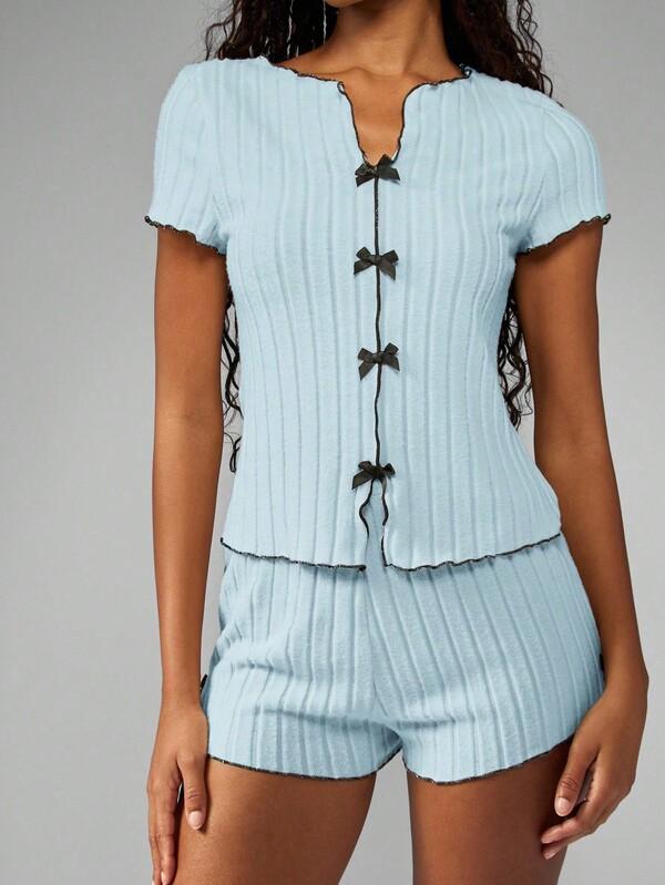 MISSGUIDED Ribbed Bow Front Lounge Set With Lettuce Edges