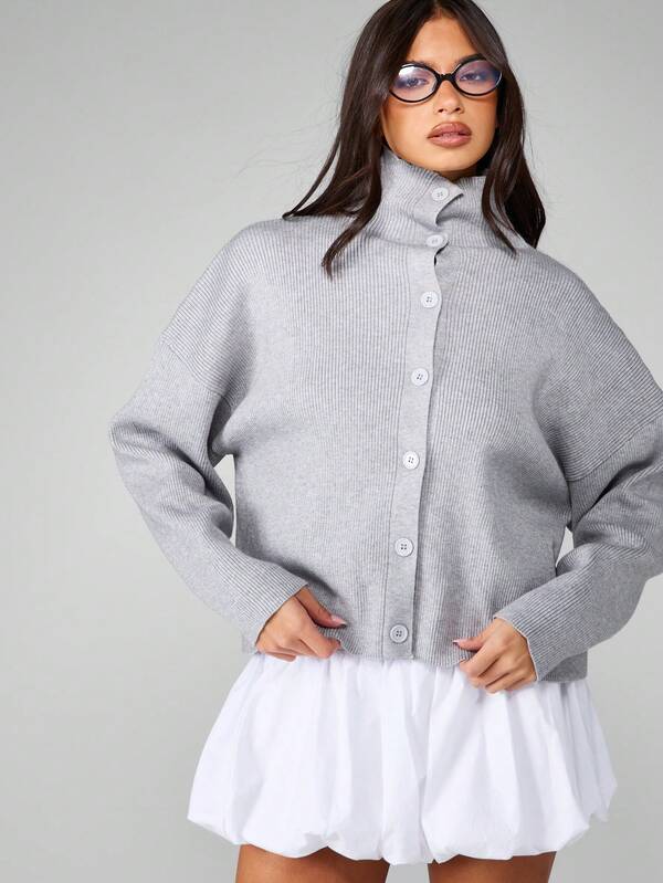 MISSGUIDED Ribbed Button Down Turtleneck Cardigan With Chunky Knit