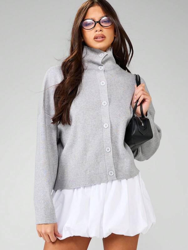 MISSGUIDED Ribbed Button Down Turtleneck Cardigan With Chunky Knit