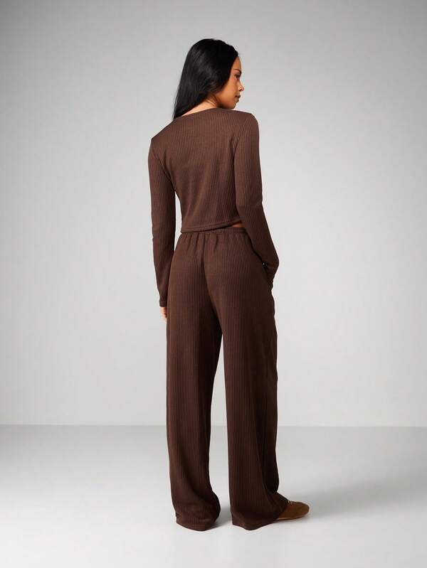 MISSGUIDED Ribbed Button Front Crop Top And Wide Leg Pants