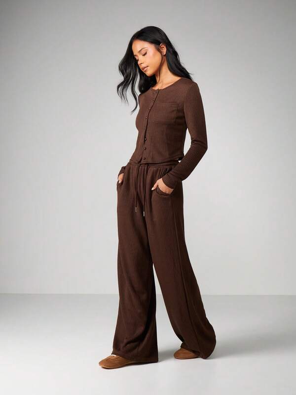 MISSGUIDED Ribbed Button Front Crop Top And Wide Leg Pants