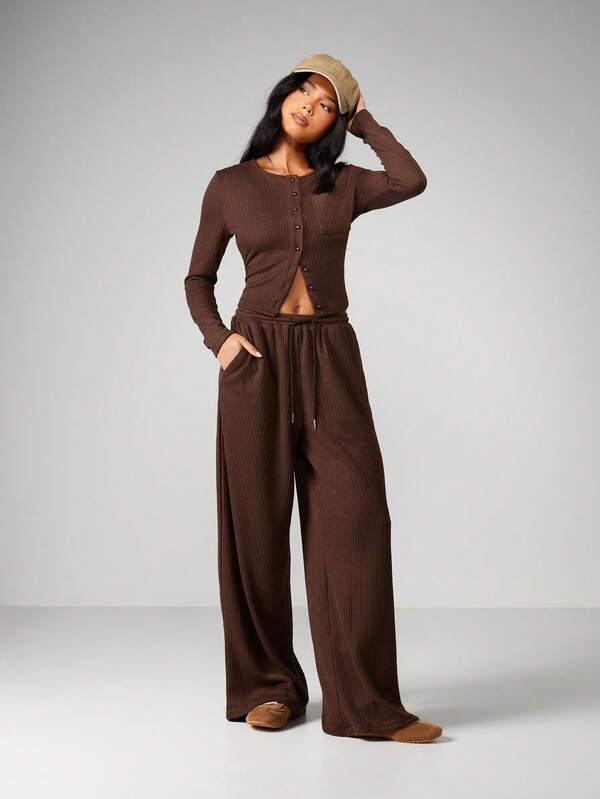 MISSGUIDED Ribbed Button Front Crop Top And Wide Leg Pants